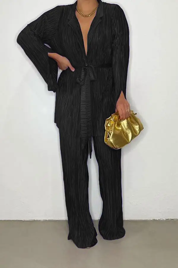  Modern Belted Pleated Pant Suit
