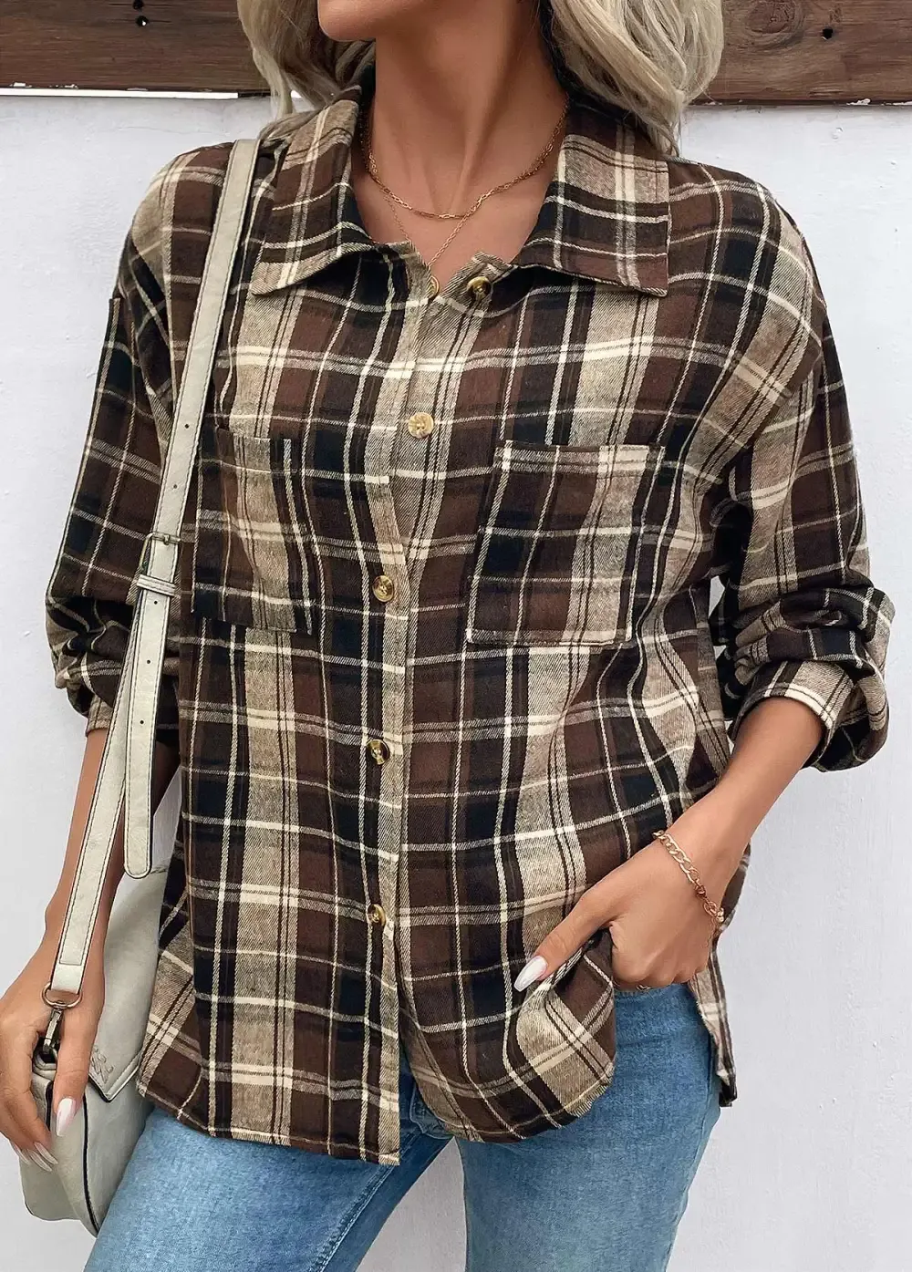 Dark Coffee Curved Hem Plaid Long Sleeve Shirt