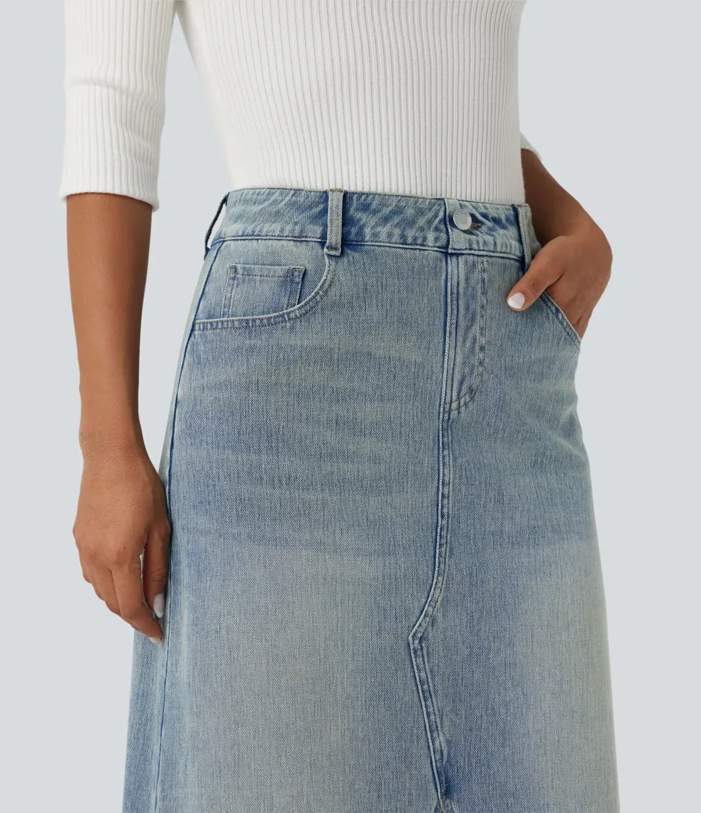 Halara FlexTM Mid Rise Contrast Leopard Mesh Midi Denim Casual A-line Skirt with Pockets