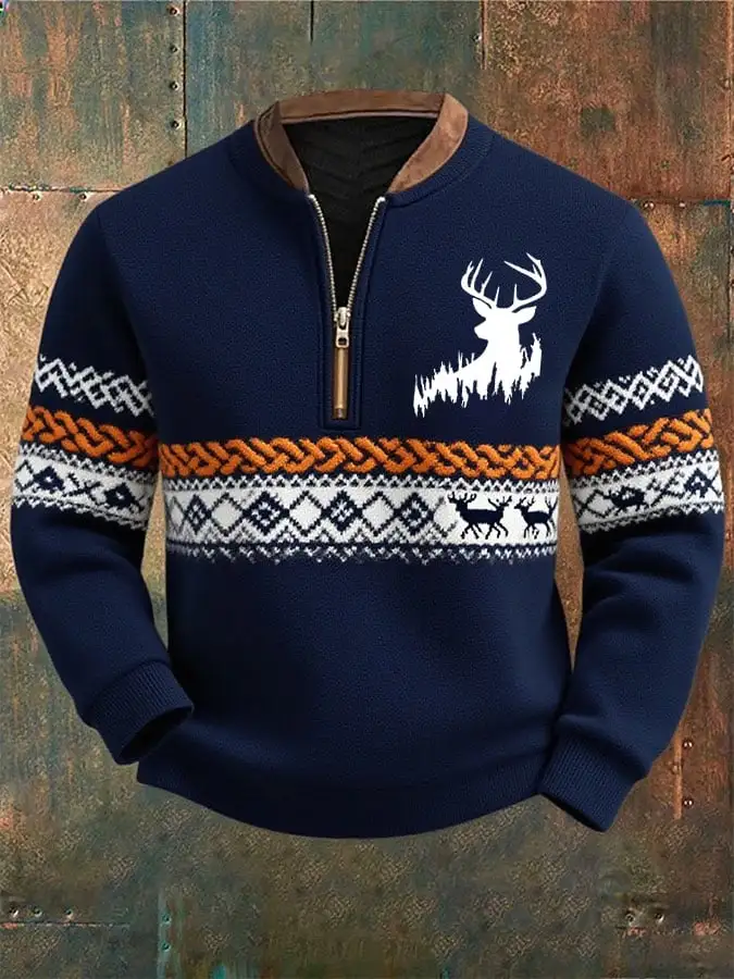 Men's Western Contrast Print Zip-Neck Sweatshirt