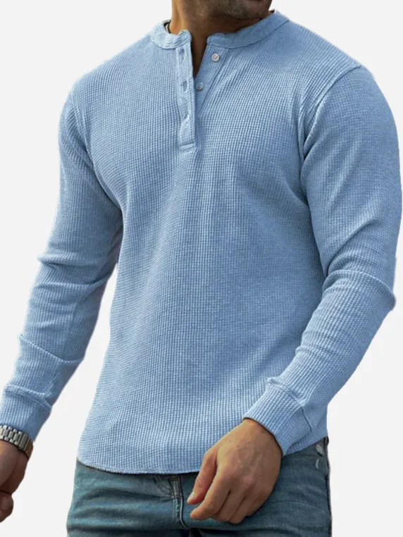 Men's Textured Waffle Trend Long Sleeve Lapel Henley