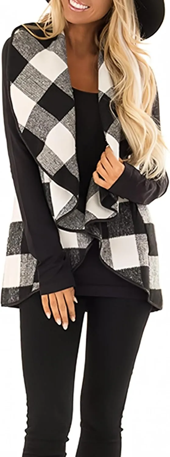 Womens Buffalo Plaid Vest Casual Lapel Open Front Sleeveless Cardigan Jacket Coat with Pockets