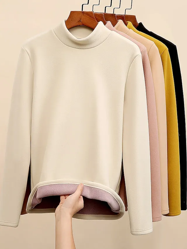 Women's Sweatshirt Sherpa Fleece Lined Plain Warm Daily Fuzzy Black Yellow Pink Casual High Neck Long Sleeve Fleece lined Micro-elastic Fall & Winter
