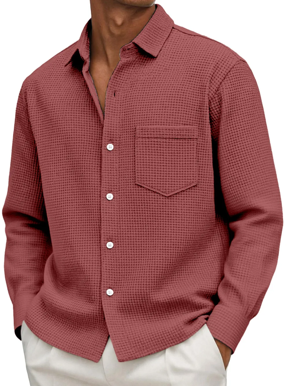 Men's Casual Solid Color Waffle Long Sleeve Shirt With Pockets
