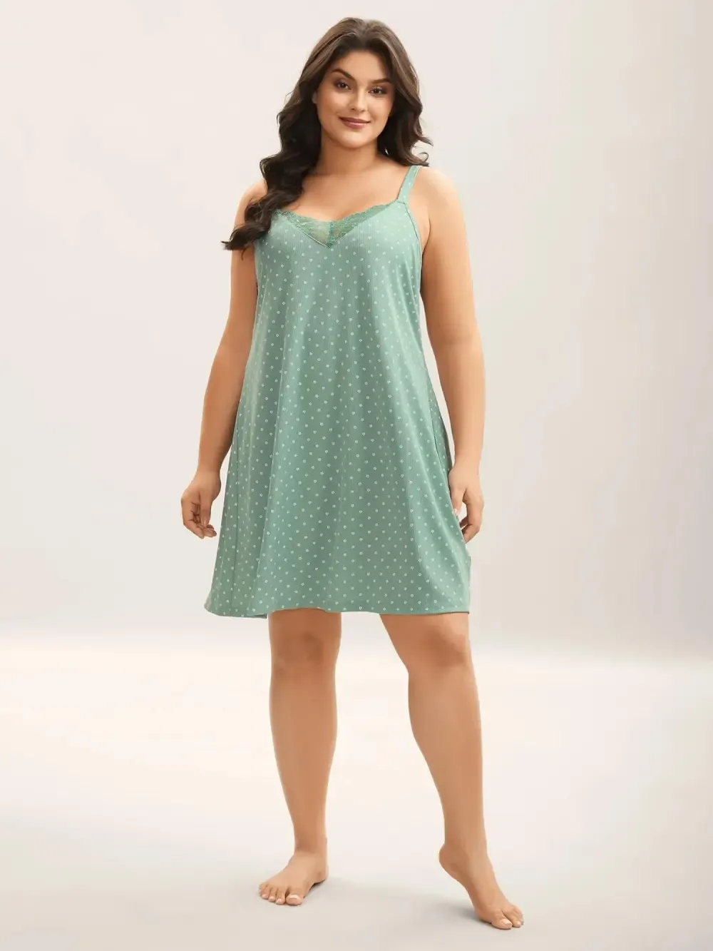 Lace Neck Polka Dots Textured Loungewear