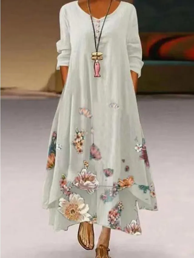 Women‘s Long Dress Maxi Dress White Yellow Pink Long Sleeve Floral Print Summer Spring Fall Crew Neck Summer Dress Regular Fit 2023 S M L XL XXL 3XL 4XL 5XL