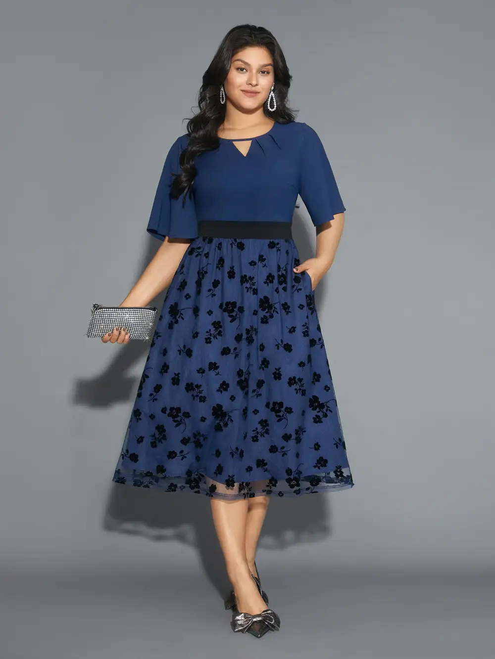 Floral Embroidered Mesh keyhole Dress