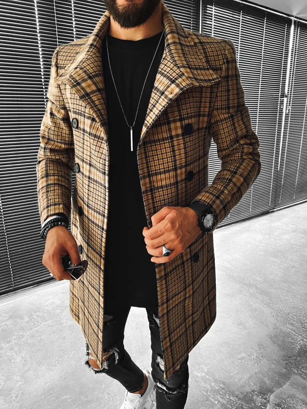 Street Fashion Casual Plaid Texture Slim Long Sleeve Coat