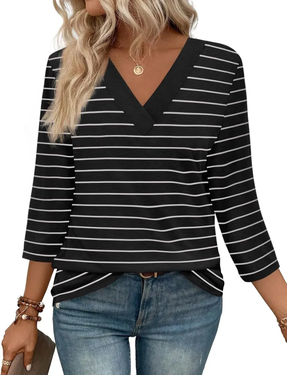 ✨Flash Sale Women's Trendy V Neck 3/4 Long Sleeve Tops Loose Fit Blouse