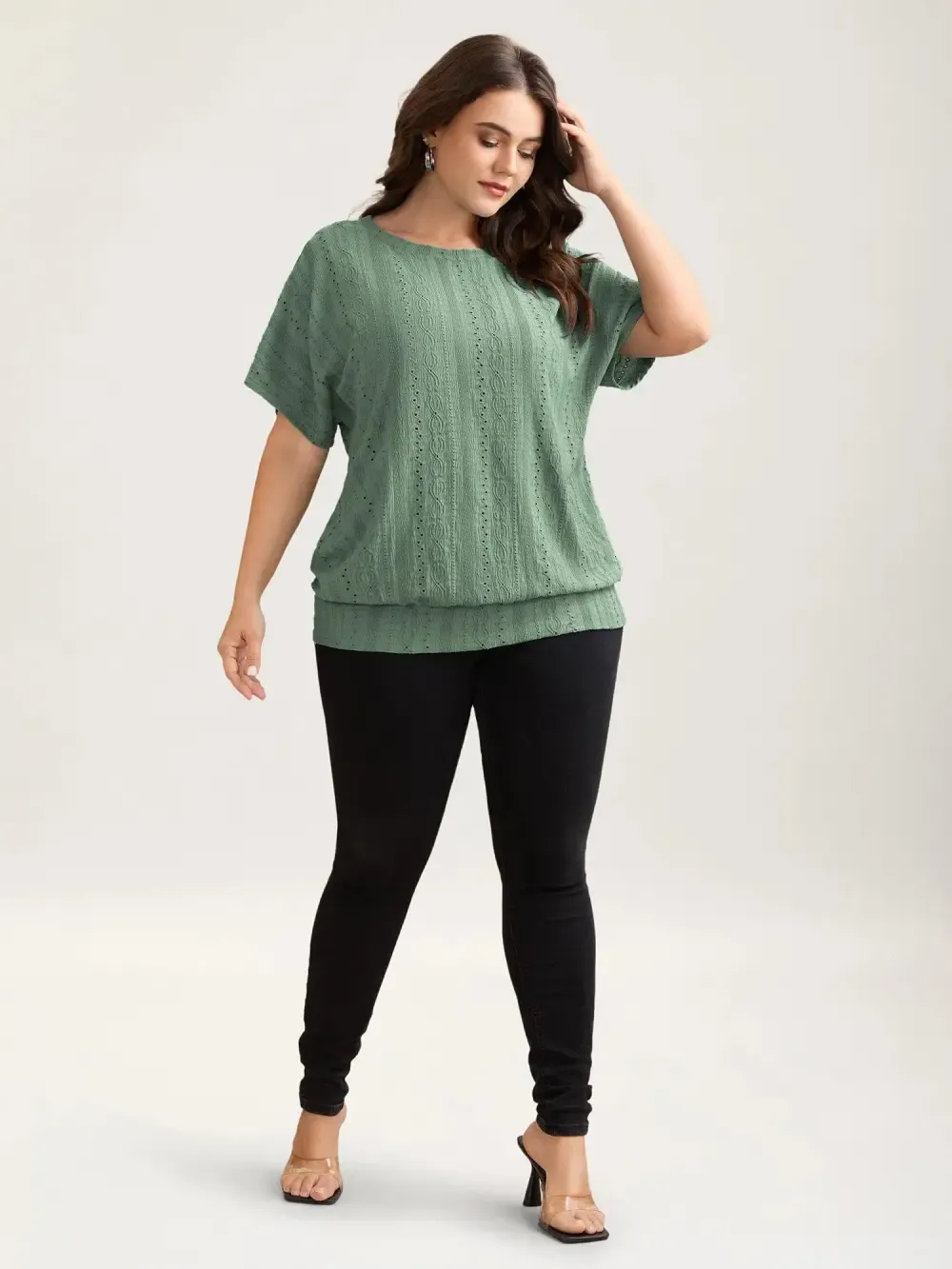 Eyelet Trim Stretchy Textured Plain Top