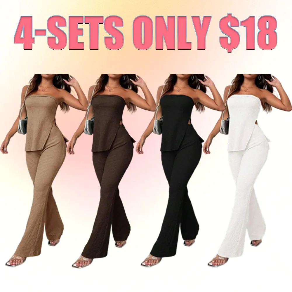 Women's Summer Two-Piece Set – Strapless Top & High-Slit Flare Pants, Casual Resort Outfit