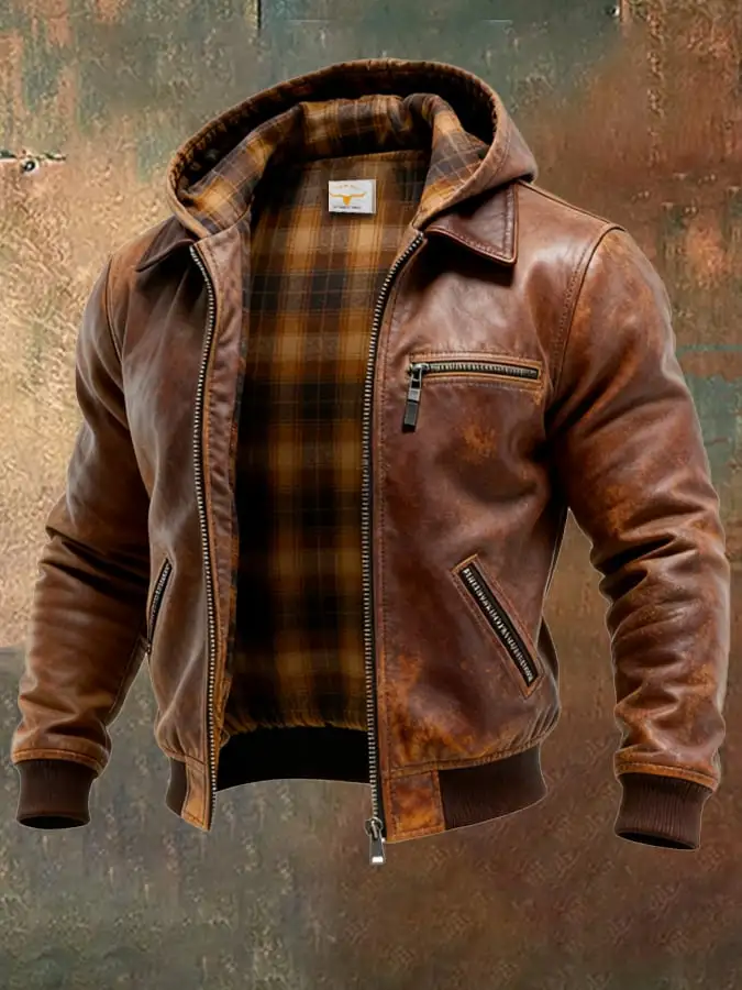 Men's Vintage Leather Patchwork Plaid Lining Multi-pocket Outdoor Jacket