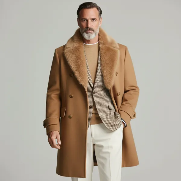 Men's Business Camel Double Breasted Furry Collar Long Sleeve Overcoat