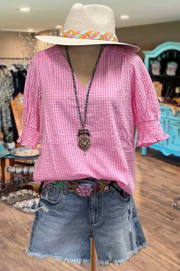 Sweet Puff Sleeve V-Neck Gingham Top