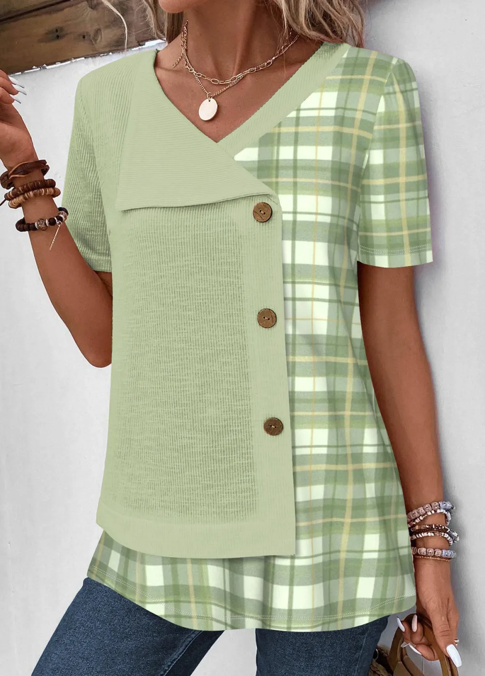 Patchwork Floral Print V Neck T Shirt