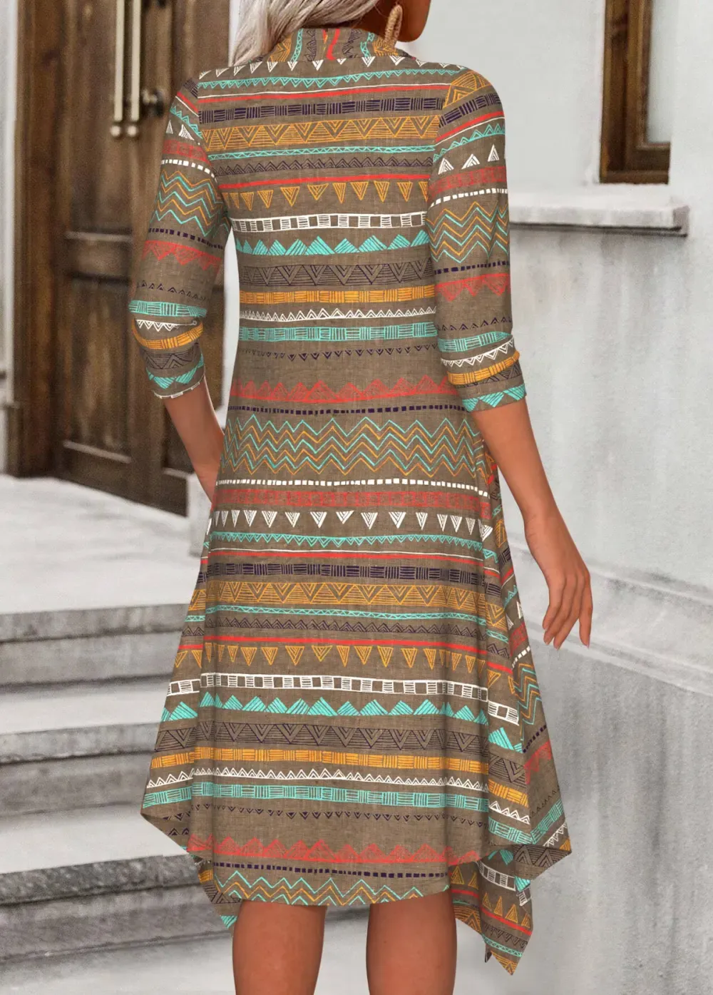 Dark Camel Fake 2in1 Tribal Print A Line Dress