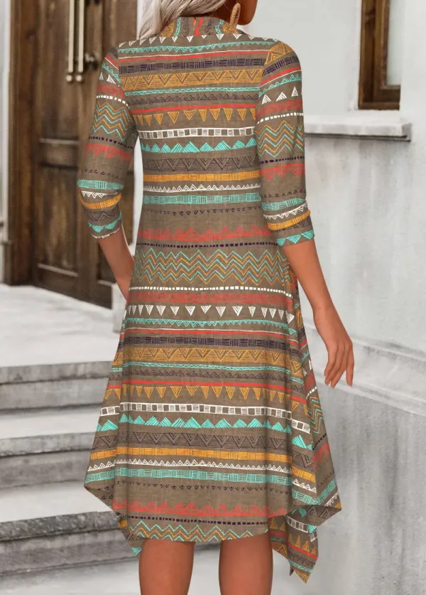 Dark Camel Fake 2in1 Tribal Print A Line Dress