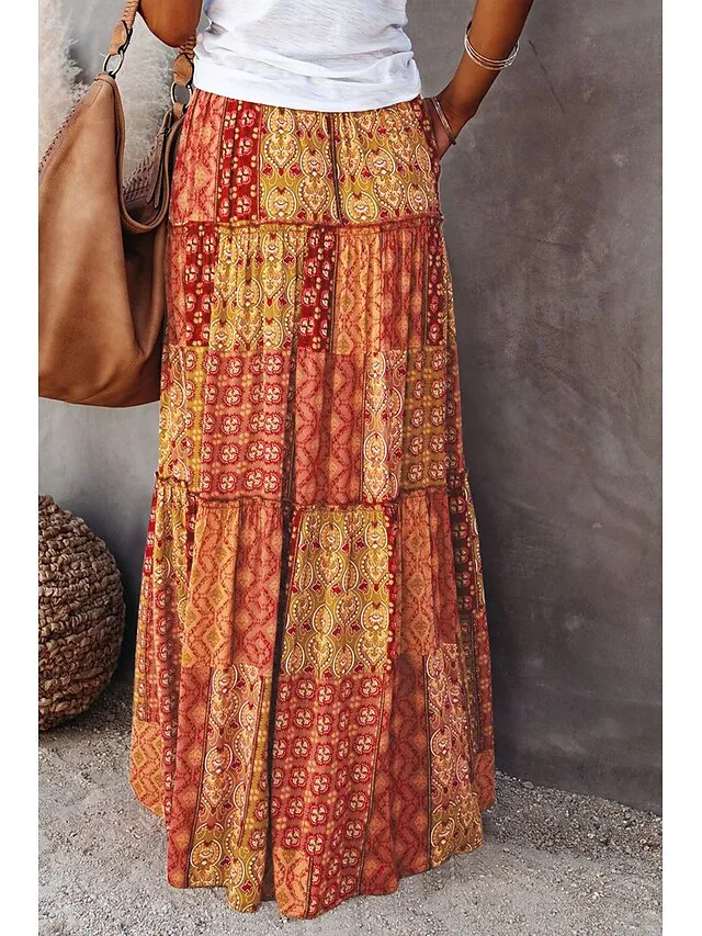 Women's Skirt Swing Long Skirt Maxi Red Blue Purple Orange Skirts Spring & Fall Ruffle Print Fashion coastal grandma style Boho Holiday Casual Daily S M L