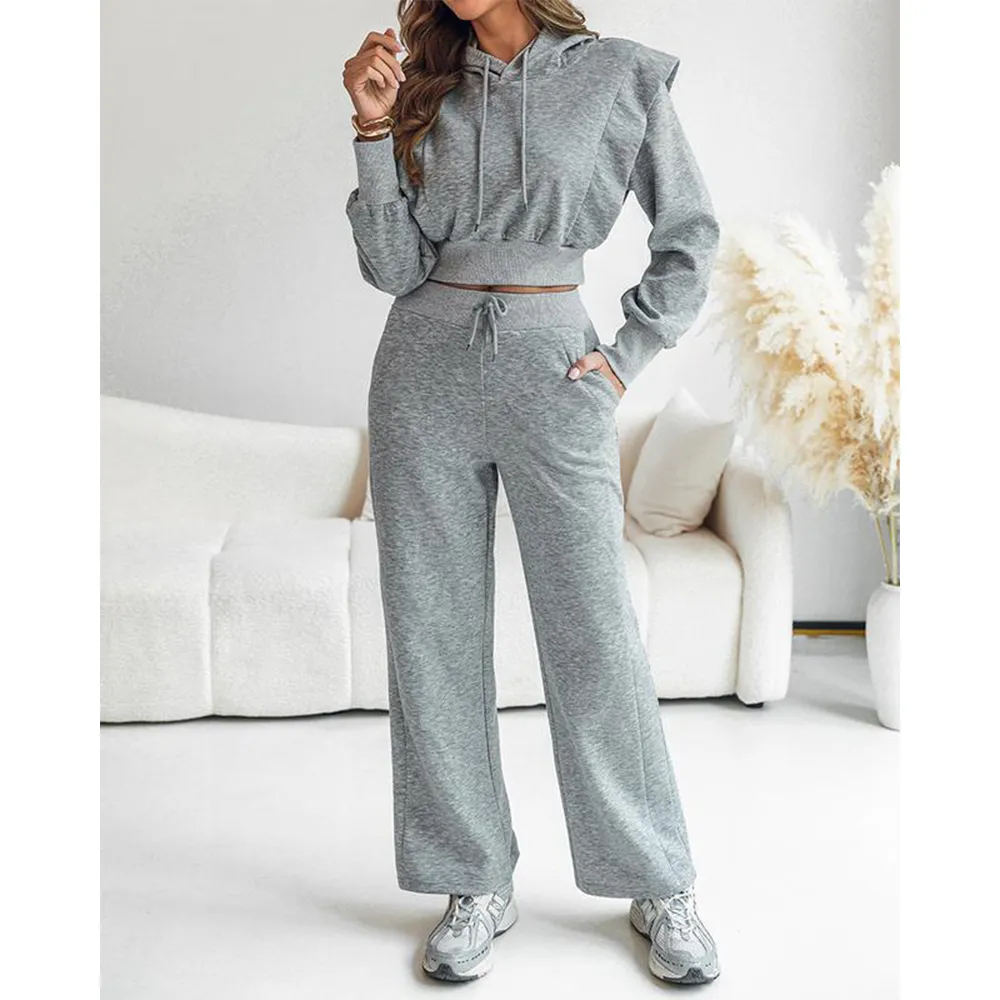 Hooded Long Sleeve Sweatshirt and Casual Wide Leg Sweatpants Set