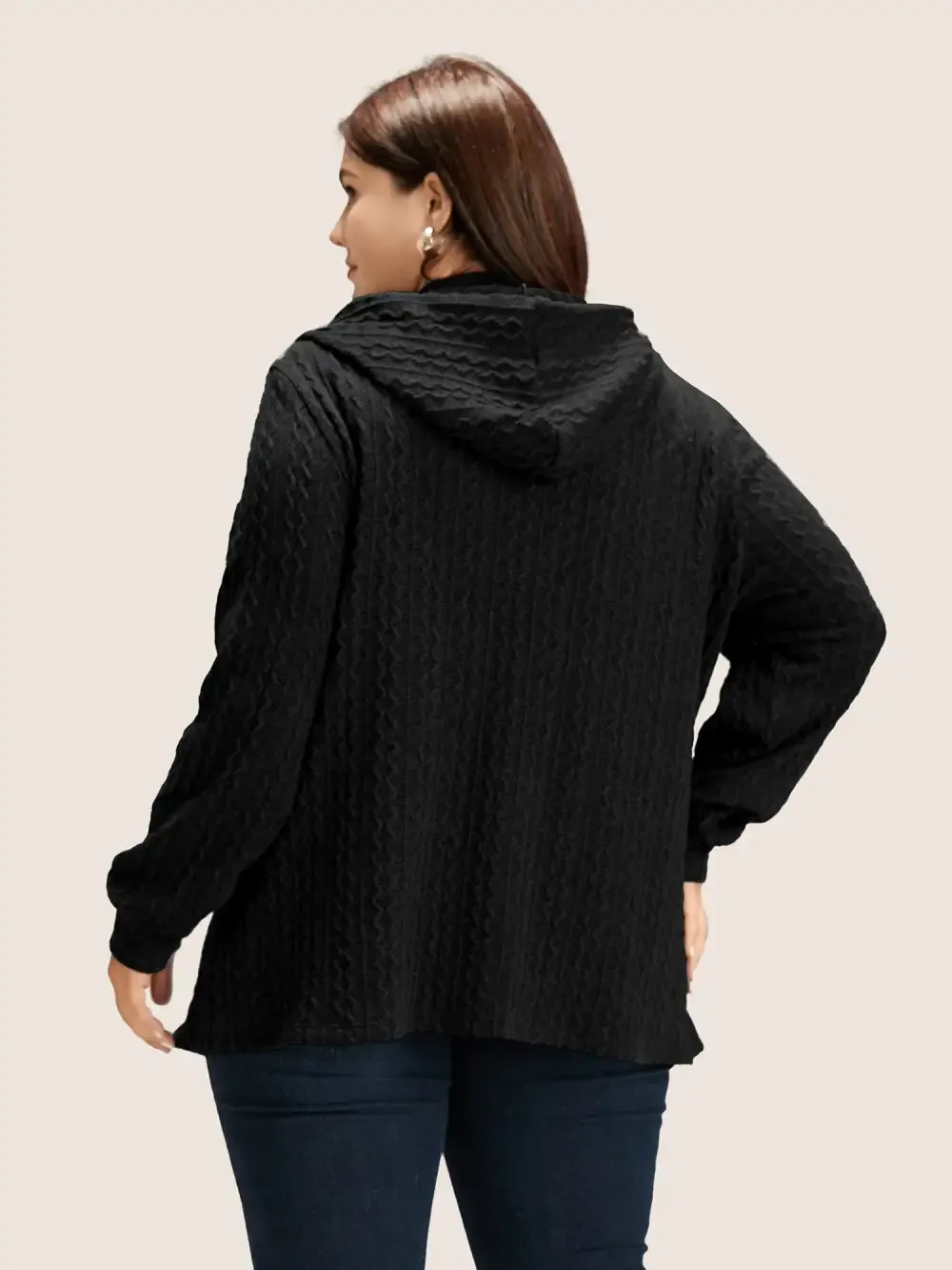 Plain Textured Zipper Hooded Sweatshirt