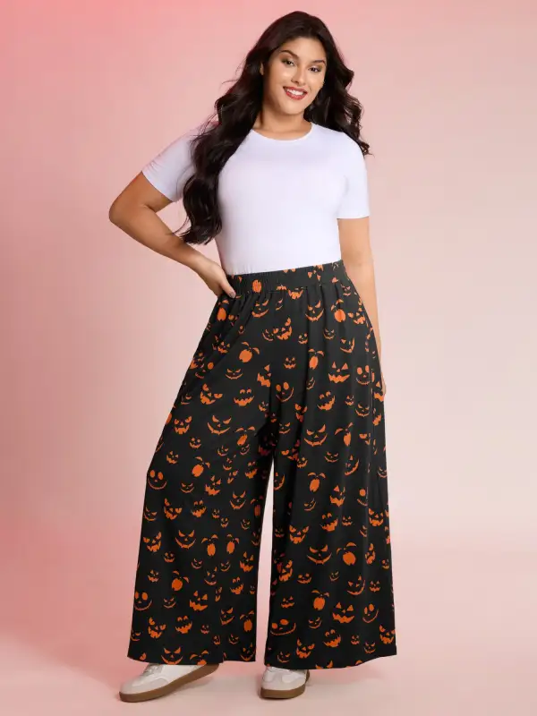 Carved Pumpkin Halloween Wide-Leg Pants
