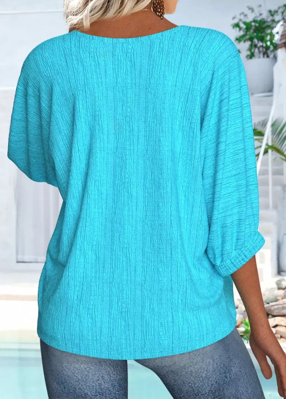 Cyan 3/4 Sleeve Round Neck Blouse