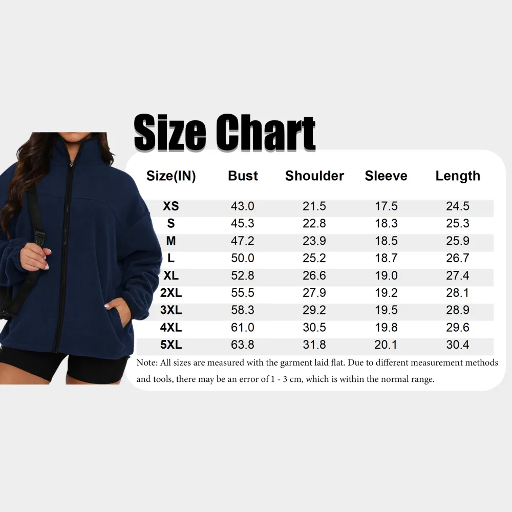 Women’s Fleece Zip-Up Jacket – Baggy Stand Collar with Pockets, Fall/Winter