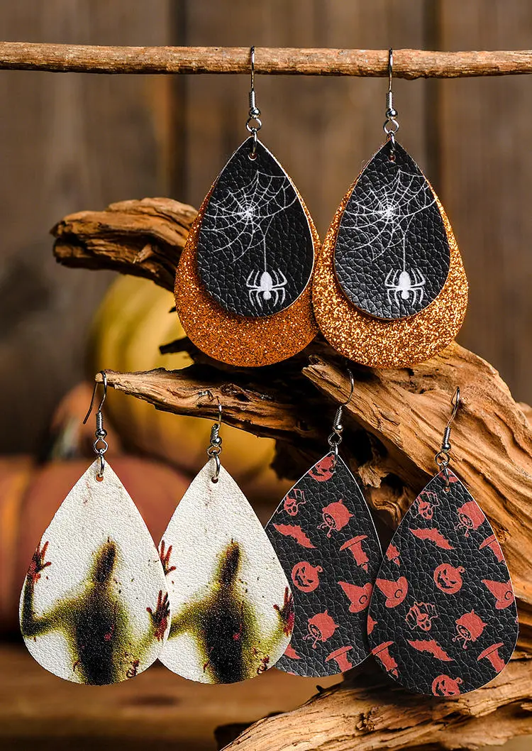 3Pairs Halloween Skull Bat Pumpkin Face Water Drop Earrings
