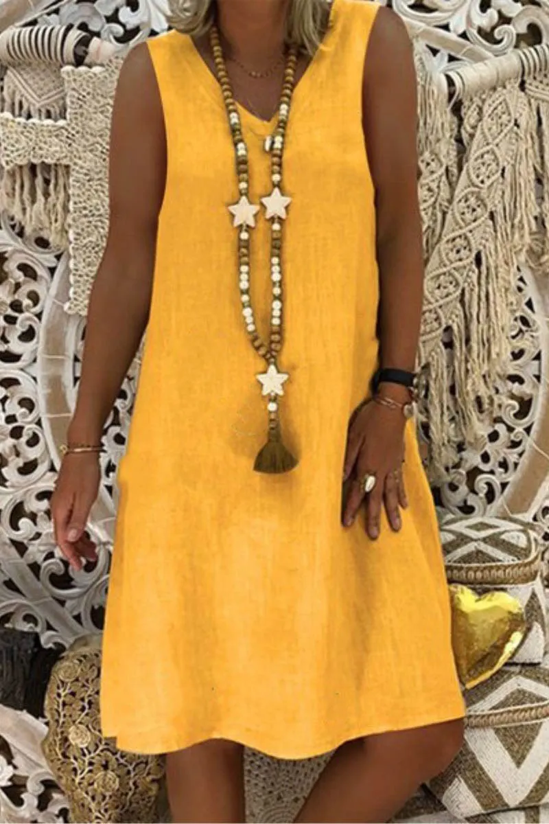 Plus Size Linen V Neck Sleeve Solid Midi Dresses (Without Necklace)