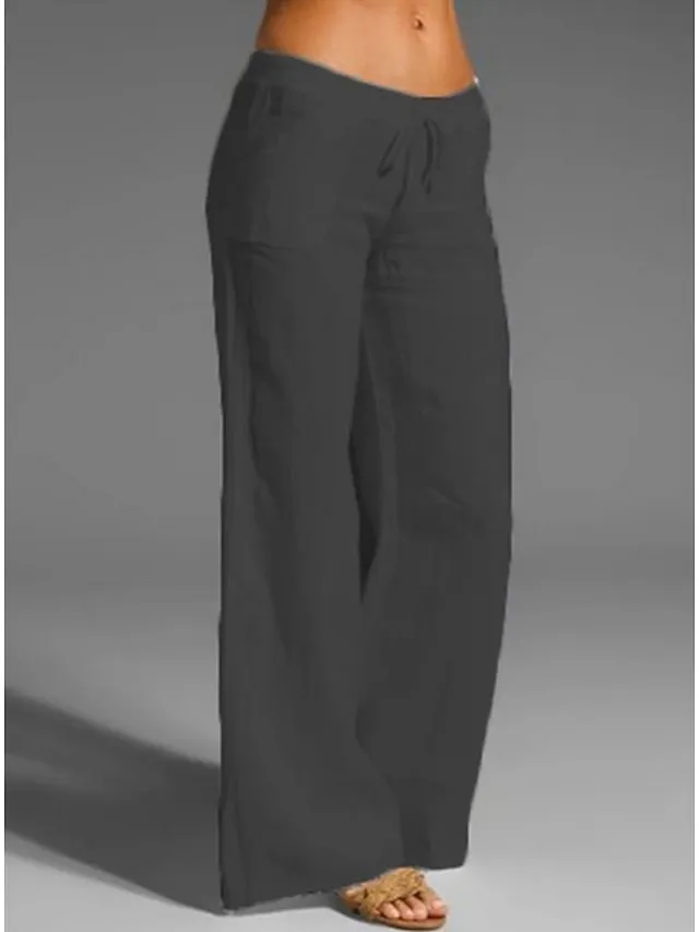 Women's Wide Leg Chinos Cotton Linen Baggy Mid Waist Black Summer