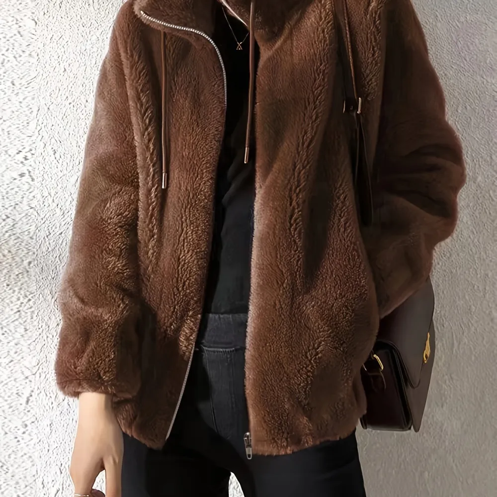 Furry Teddy Drawstring Coat - Women's Fur Outerwear, Casual Long Sleeve Zip Up Warm Jacket with Soft Plush Lining, Perfect for Winter Daily Wear