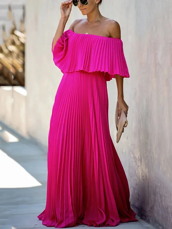Loose Pleated Solid Color Off-The-Shoulder Maxi Dresses