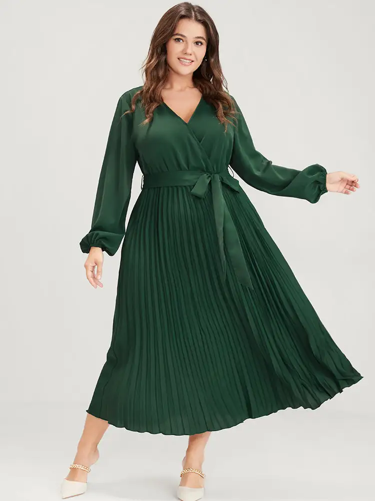 Solid Lantern Sleeve Belted Pleated Wrap Dress