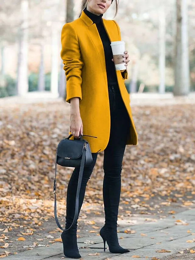 Women's Pea Coat Winter Coat Open Front Stand Collar Trench Coat Fall Warm Windproof Overcoat Christmas Jacket caramel colour