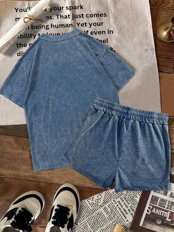 Women's Solid Tee & Denim-Print Shorts – Casual Summer Outfit for Daily Wear