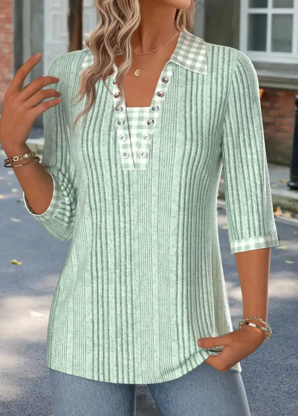 Sage Green Gingham Print 3/4 Sleeve T Shirt