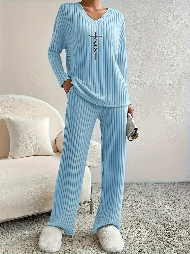 Women's Faith-Inspired Ribbed Two-Piece Set - V Neck Long Sleeve Top & Comfy Pants - Chic Spring & Fall Casual Outfits