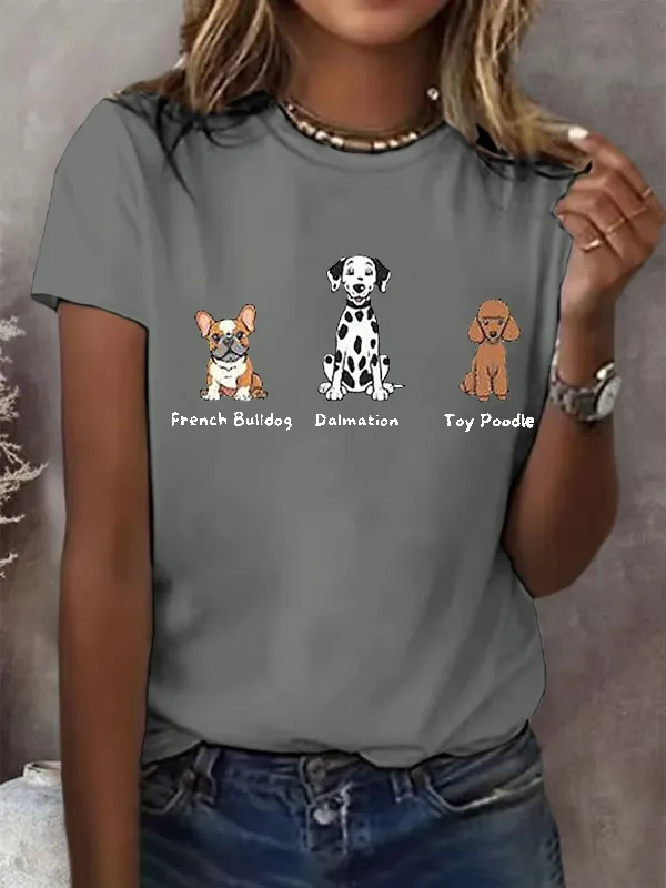 Women'S French Bulldog Dalmatian Toy Poodle Print Round Neck T-Shirt