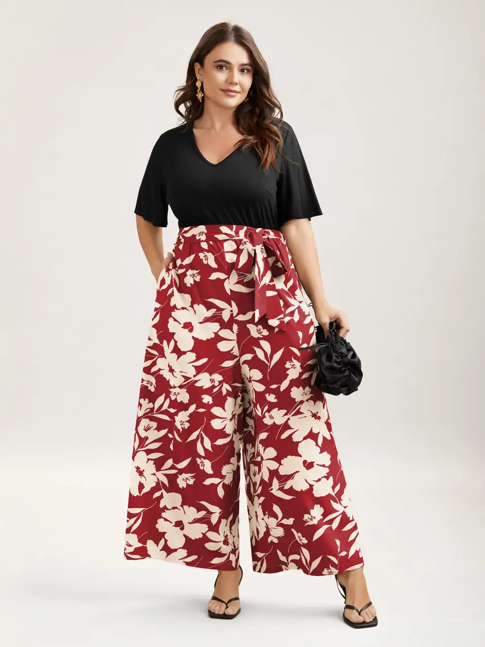 Floral Print Spliced Belted Wide-Leg Jumpsuit