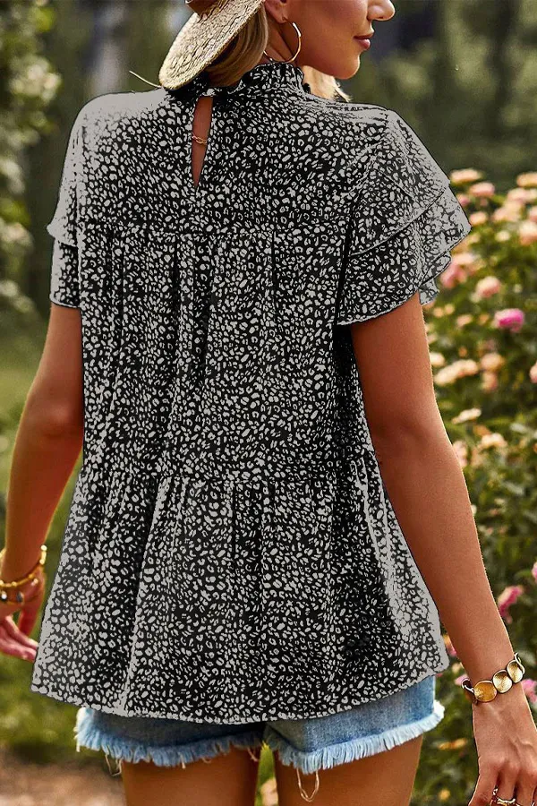 Animal Print Ruffle Chiffon T-Shirt