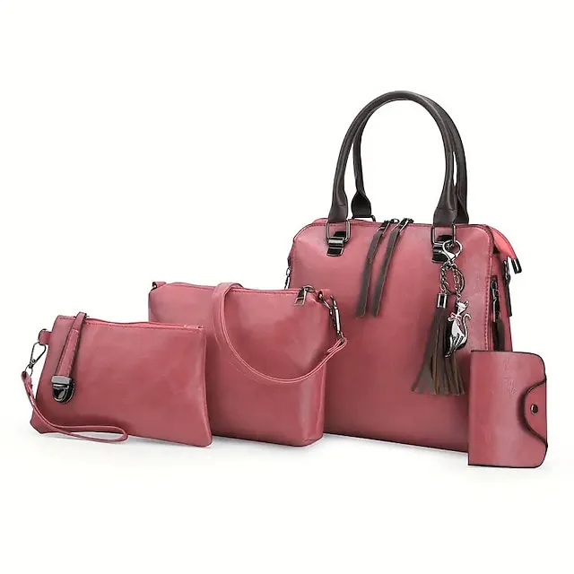 Women's Tote Bag Set Boston Bag PU Leather Shopping Daily Zipper Adjustable Large Capacity Waterproof Solid Color Black Pink Red