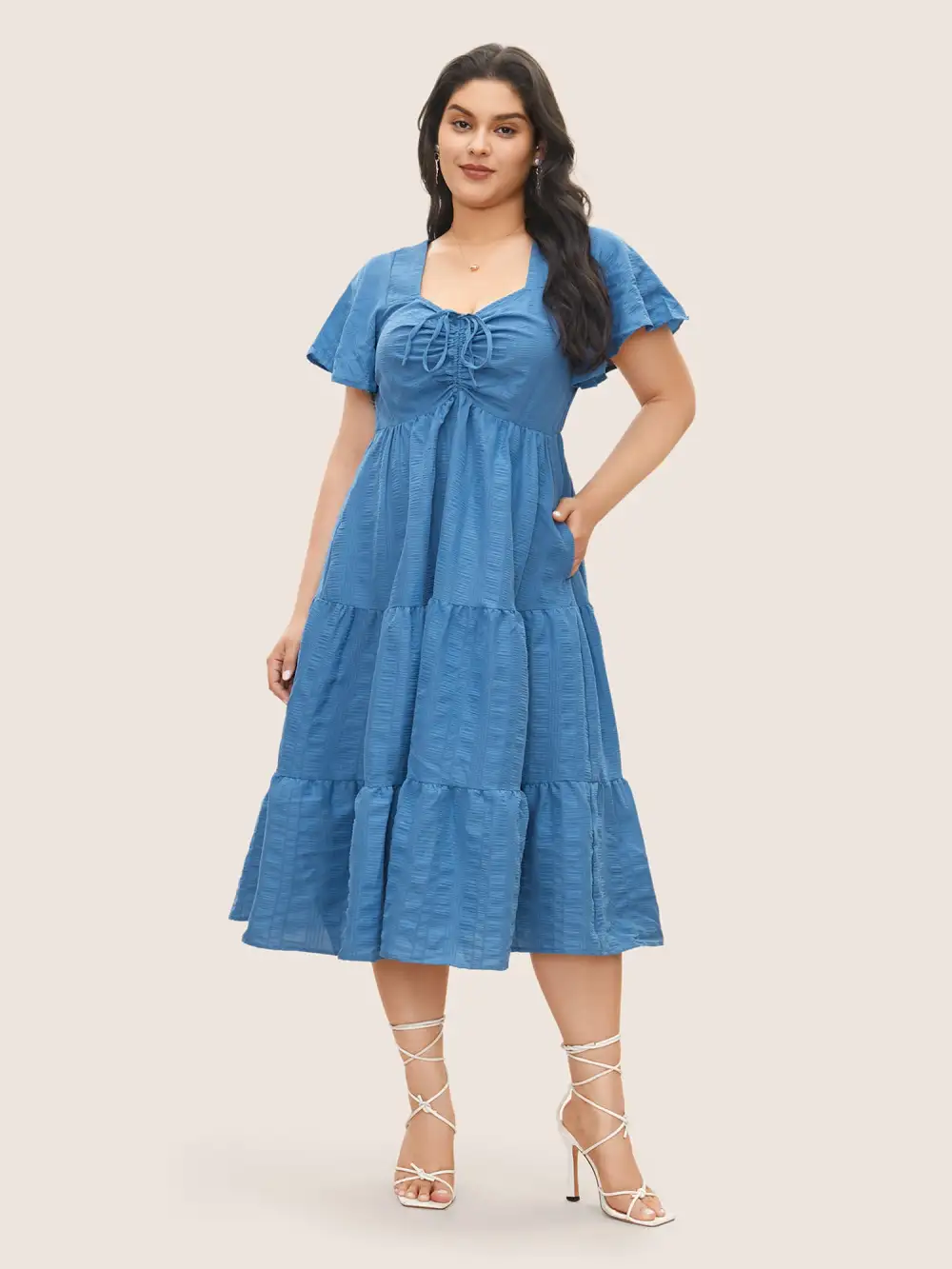 Plain Ruched Drawstring Pocket Ruffle Tiered Dress