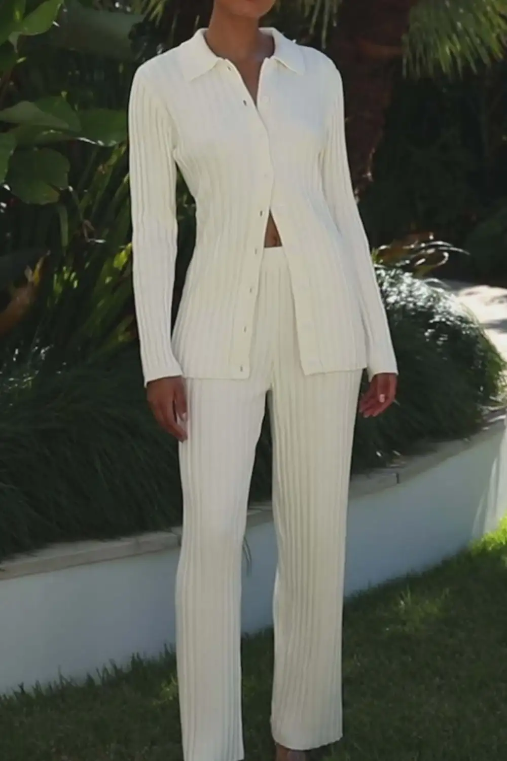 Lapel Ribbed Knit Cardigan Long Pants Suits