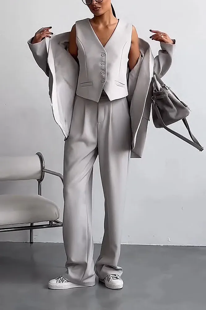 Women's Solid Color vest and suit jacket pants 3-piece set