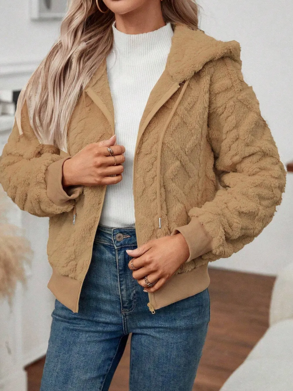 Women's Black Textured Plush Hooded Jacket