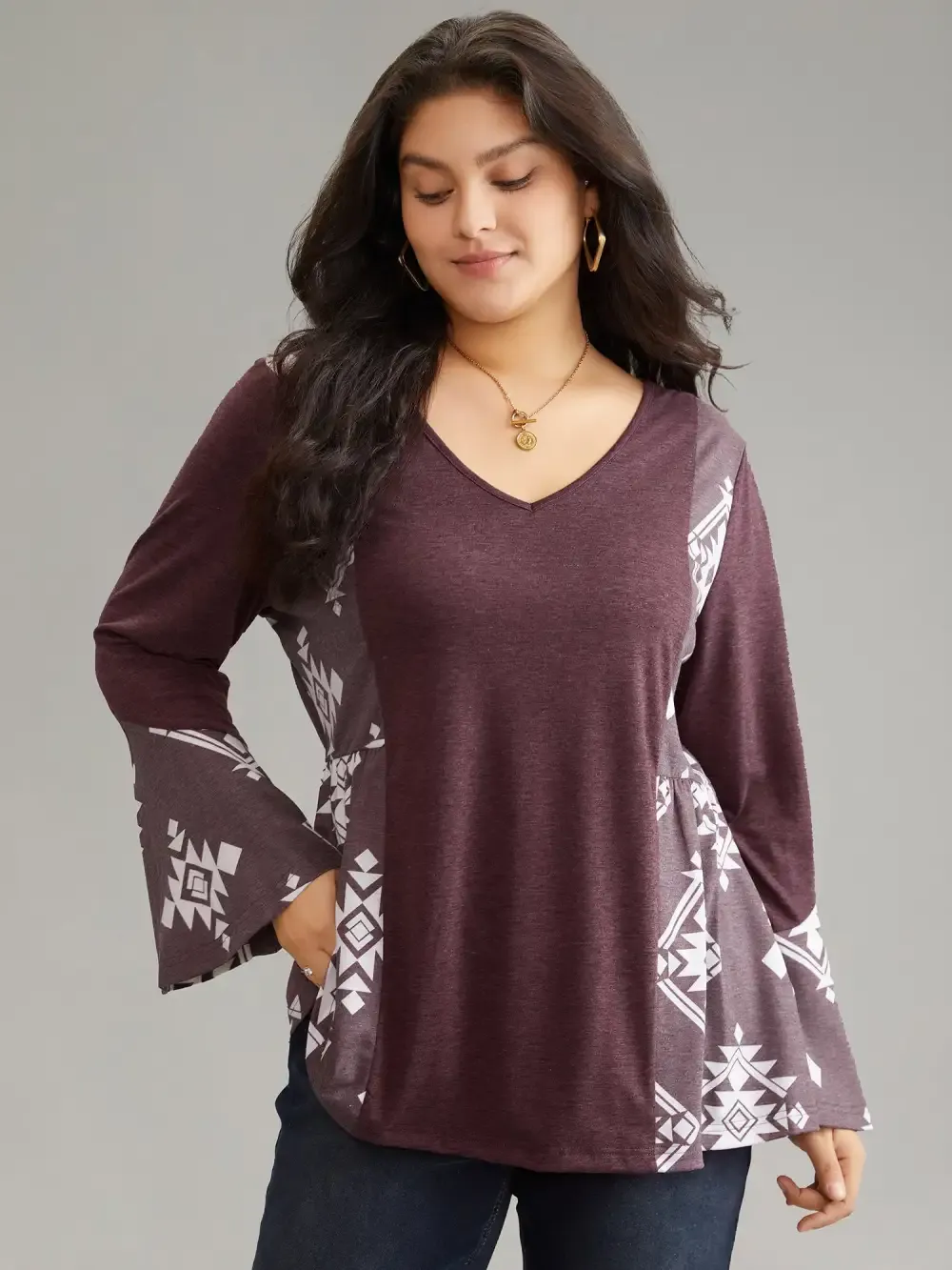 Floral Print Bell Sleeve V Neck T-Shirt