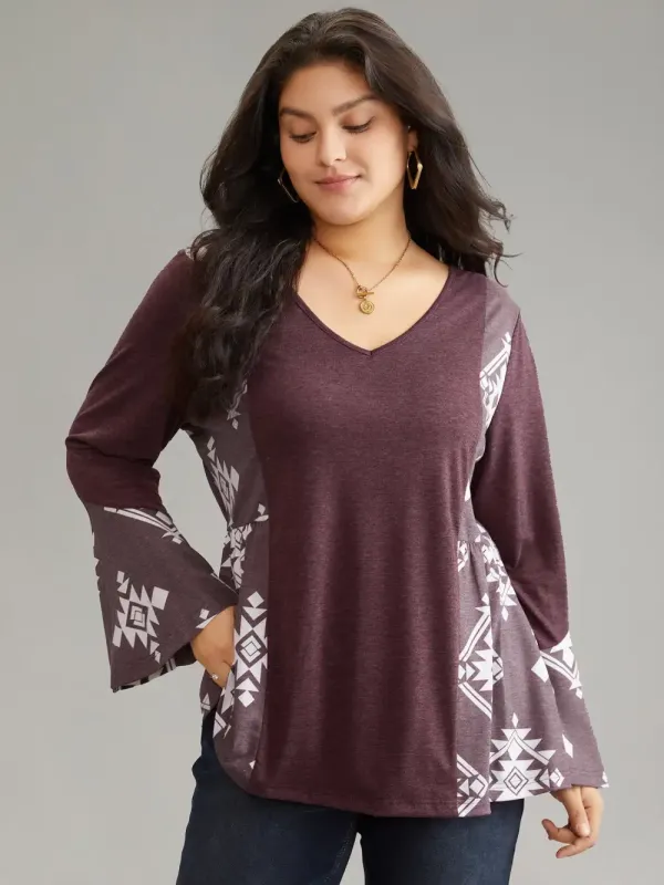 Floral Print Bell Sleeve V Neck T-Shirt