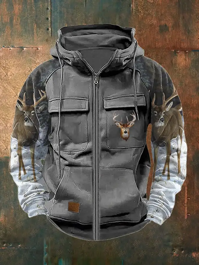 Men's Vintage Western Deer Print Multi-Pocket Jacket