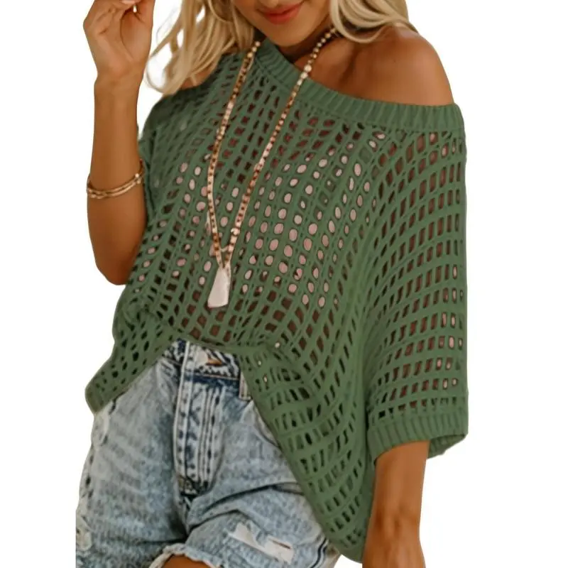 Women's Crochet Knit Short Sleeve Top – Summer Beach Cover-Up