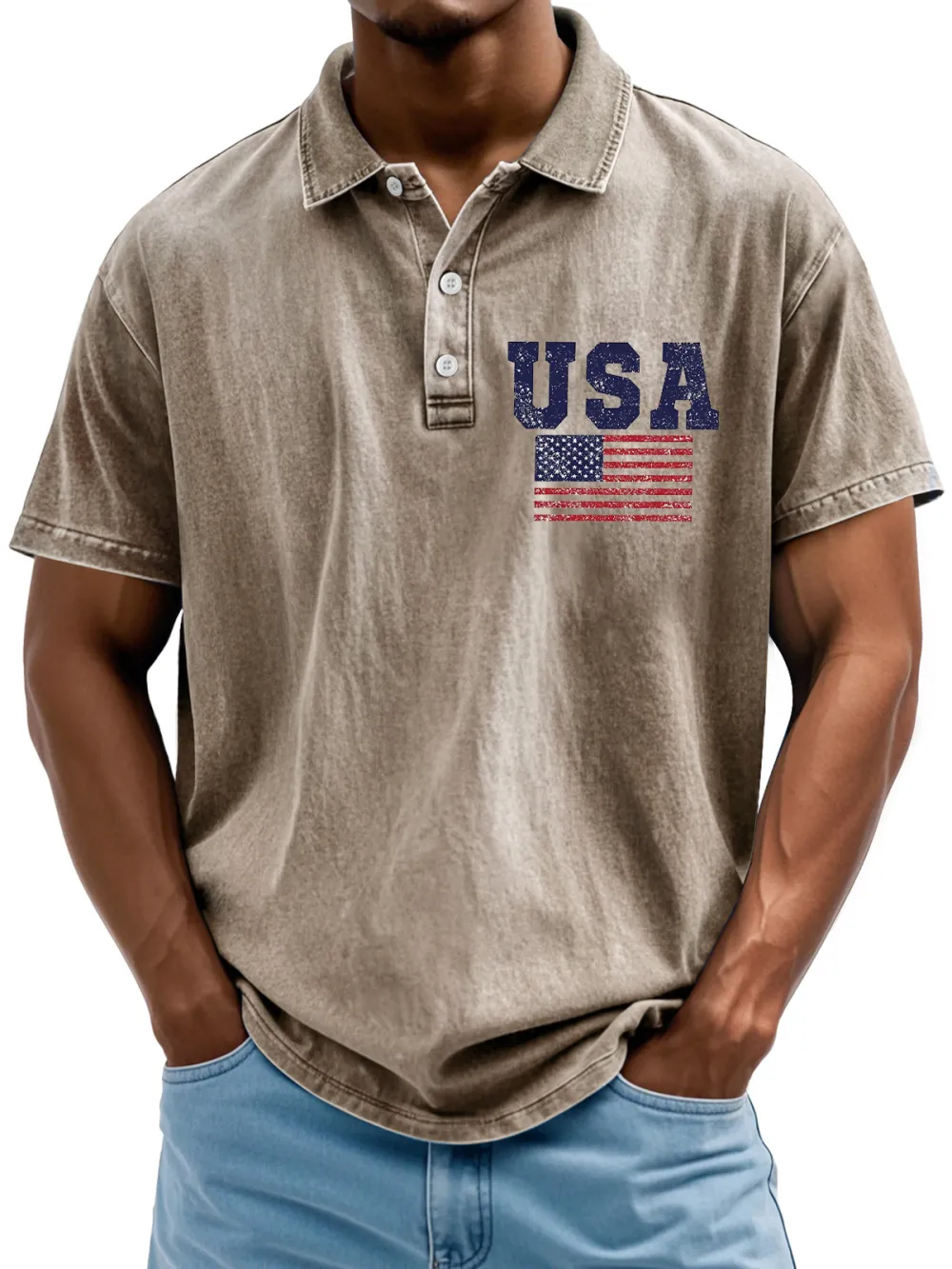Men's Vintage American Independence Day Flag Print Lapel Short Sleeve Polo Shirt